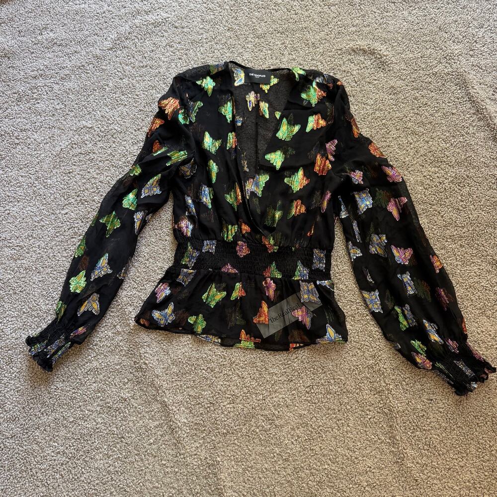 The Kooples Butterfly Metallic Sheer Black Rainbow Silk Top Blouse Size 0